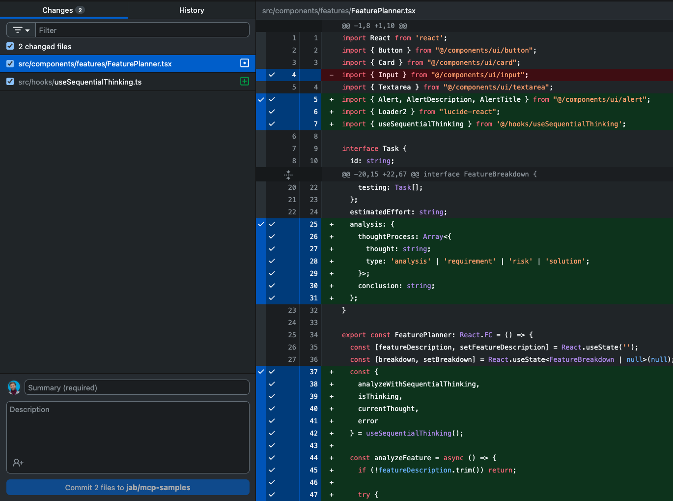 GitHub Desktop showing changes to files with code diff view